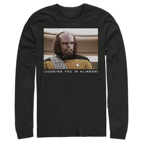 Men's Star Trek: The Next Generation Worf Judging You in Klingon  Long Sleeve Shirt Black Medium