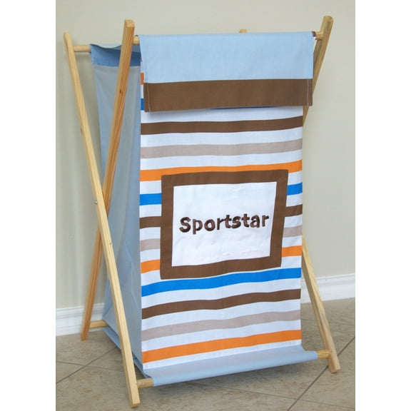 Bacati - Mod Sports Boys Laundry Hamper with Wooden Frame Blue Orange Beige