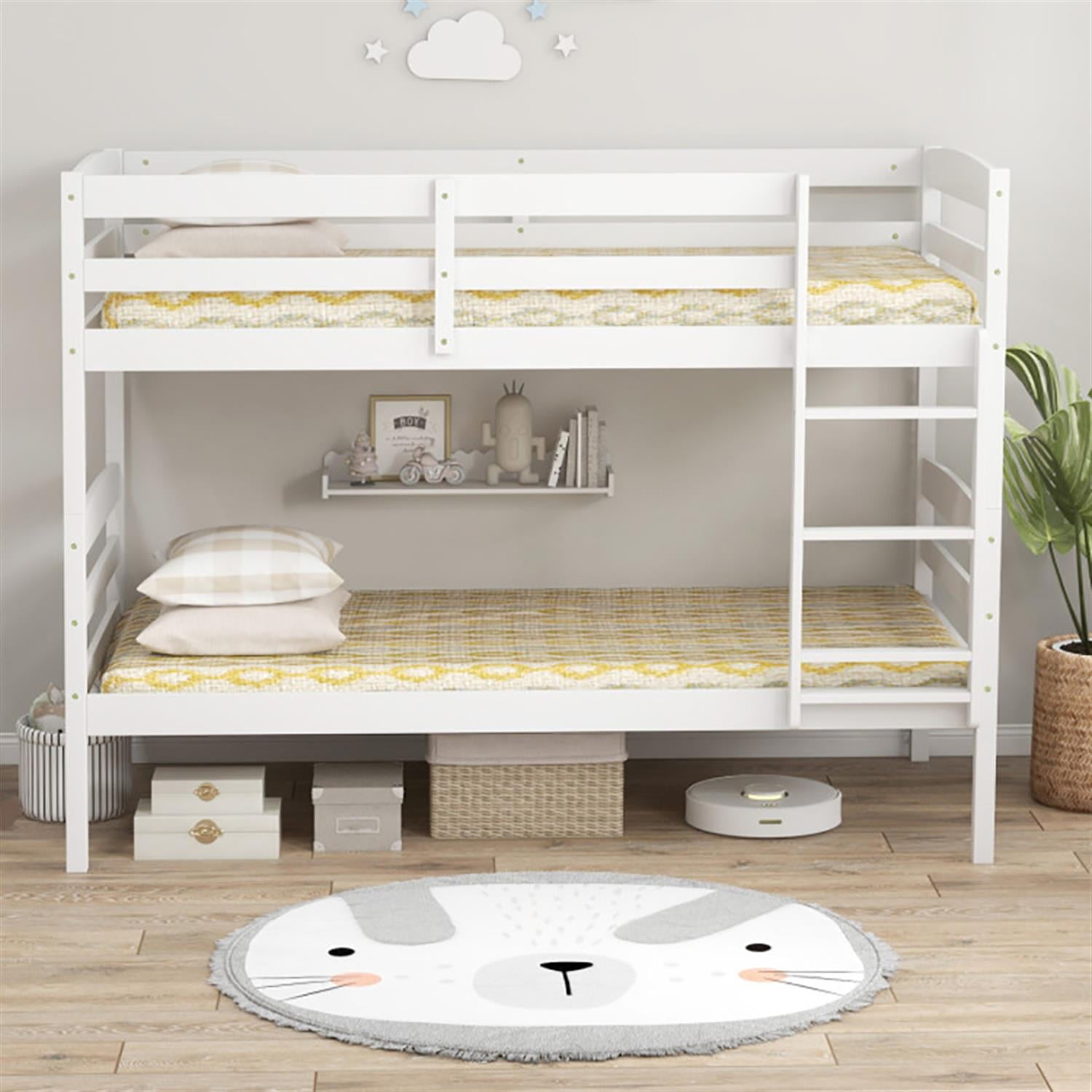 Demi Bonn Solid Wood Twin Over Twin Bunk Bed with High Guardrails and Integrated Ladder, Twin Bunk Beds, Bed Frame, White