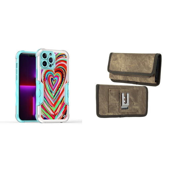 Case and Pouch Bundle for iPhone 14: Heavy Duty Armor Rugged Case (Abstract Love Hearts) and Rugged Denim Nylon Belt Holster (Tan Brown)