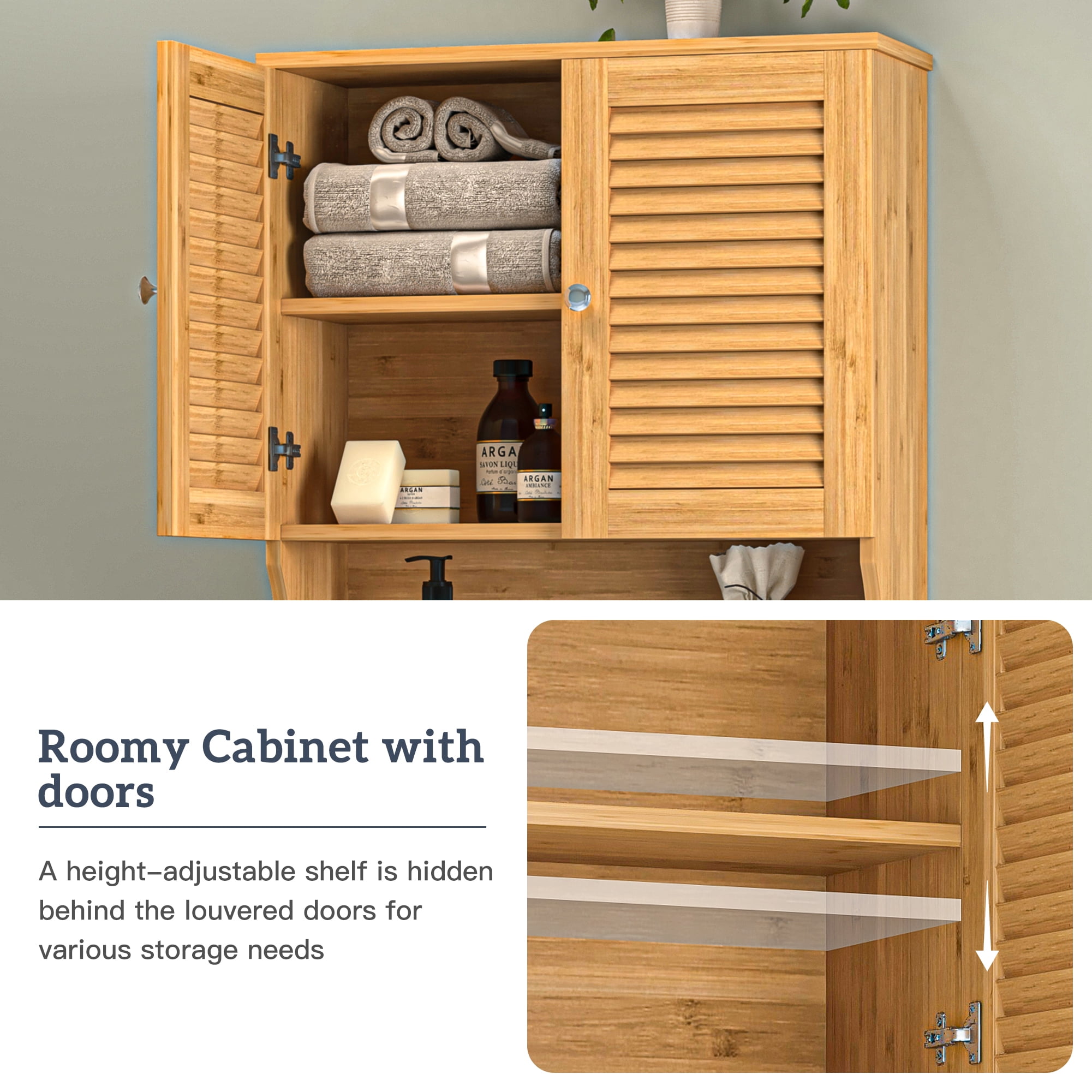 Kadyn Bathroom Space Saver Cabinet, Over The Toilet Storage Cabinet with Double Doors and 1 Adjustable Shelf, W Bathroom Space Saver for Home, Natural
