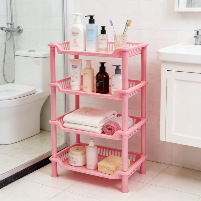 Four Tier Bathroom Storage Rack Countertop Organizer Shelf with Drain Hole Layers for Shampoo Lotion Cosmetics Kitchen Seasoning Bottles Sink Counter Dorm Room Home Organization Storage Rack