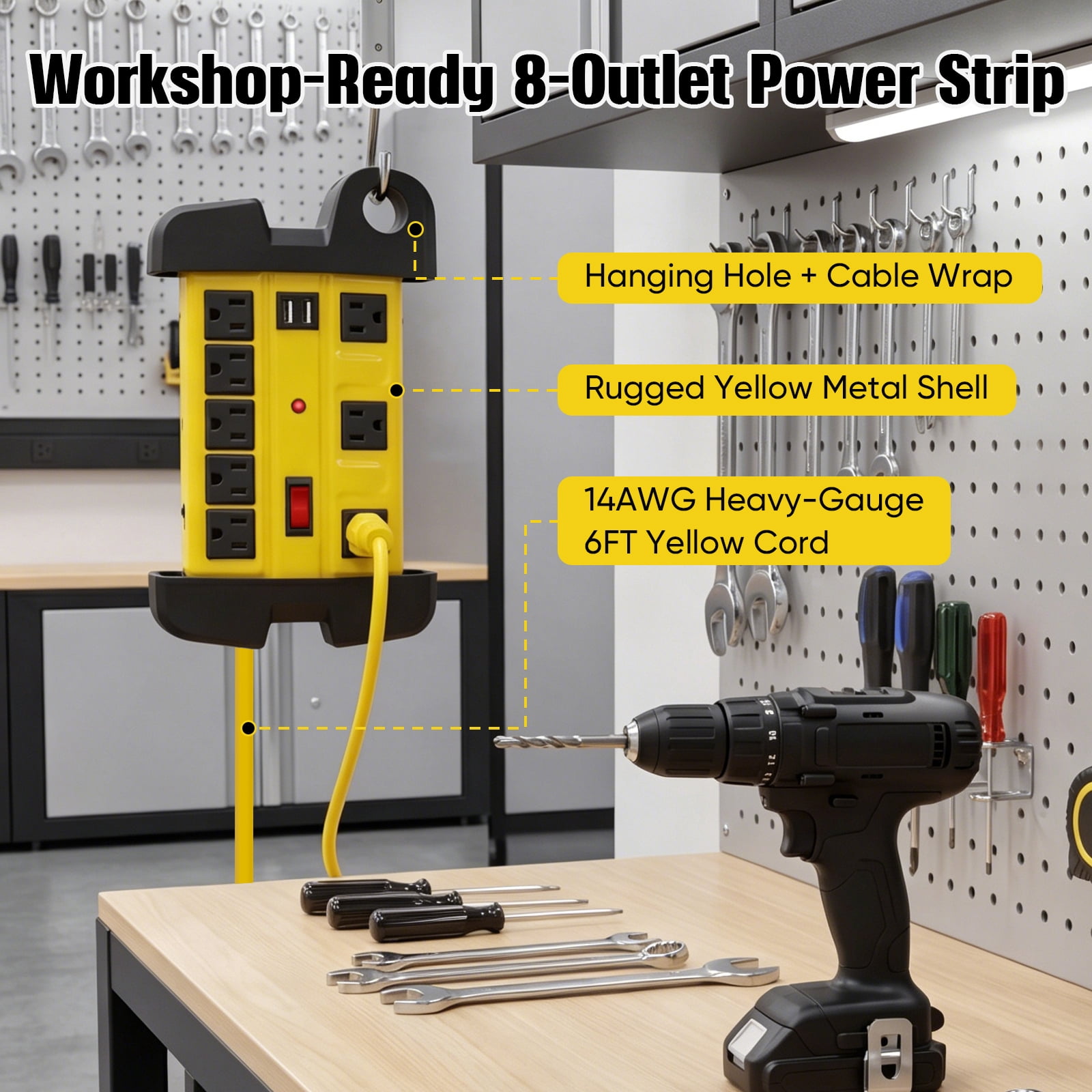 VILONG Heavy Duty Power Strip Surge Protector, 8 Outlets & 2 USB Ports Charging Station– 2700J Surge Protection, 15A Circuit Breaker, Wall Mount for Workshop, Garage