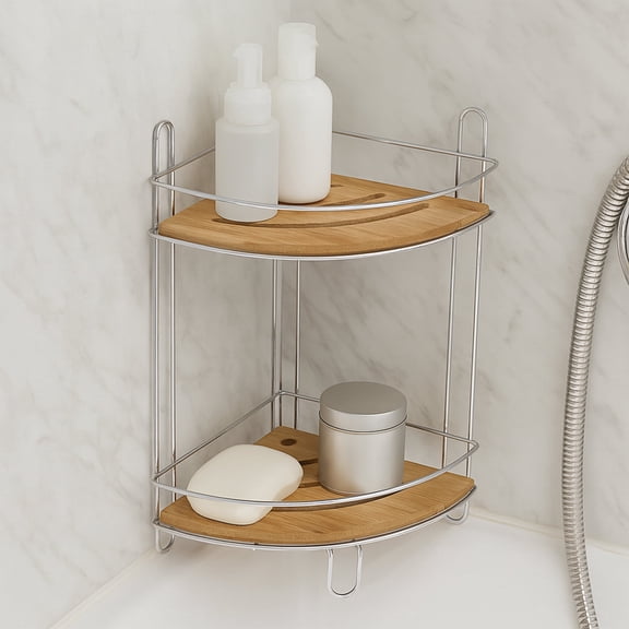 Evideco Organizer Metal Wire Corner Shower Caddy Bamboo Bamboo Chrome 2 shelves 8 L x8 W x 14.8 H