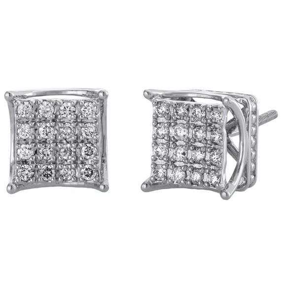 10K White Gold Round Diamond 4 Prong 3D Square 9.75mm Stud Earrings 0.50 CT.