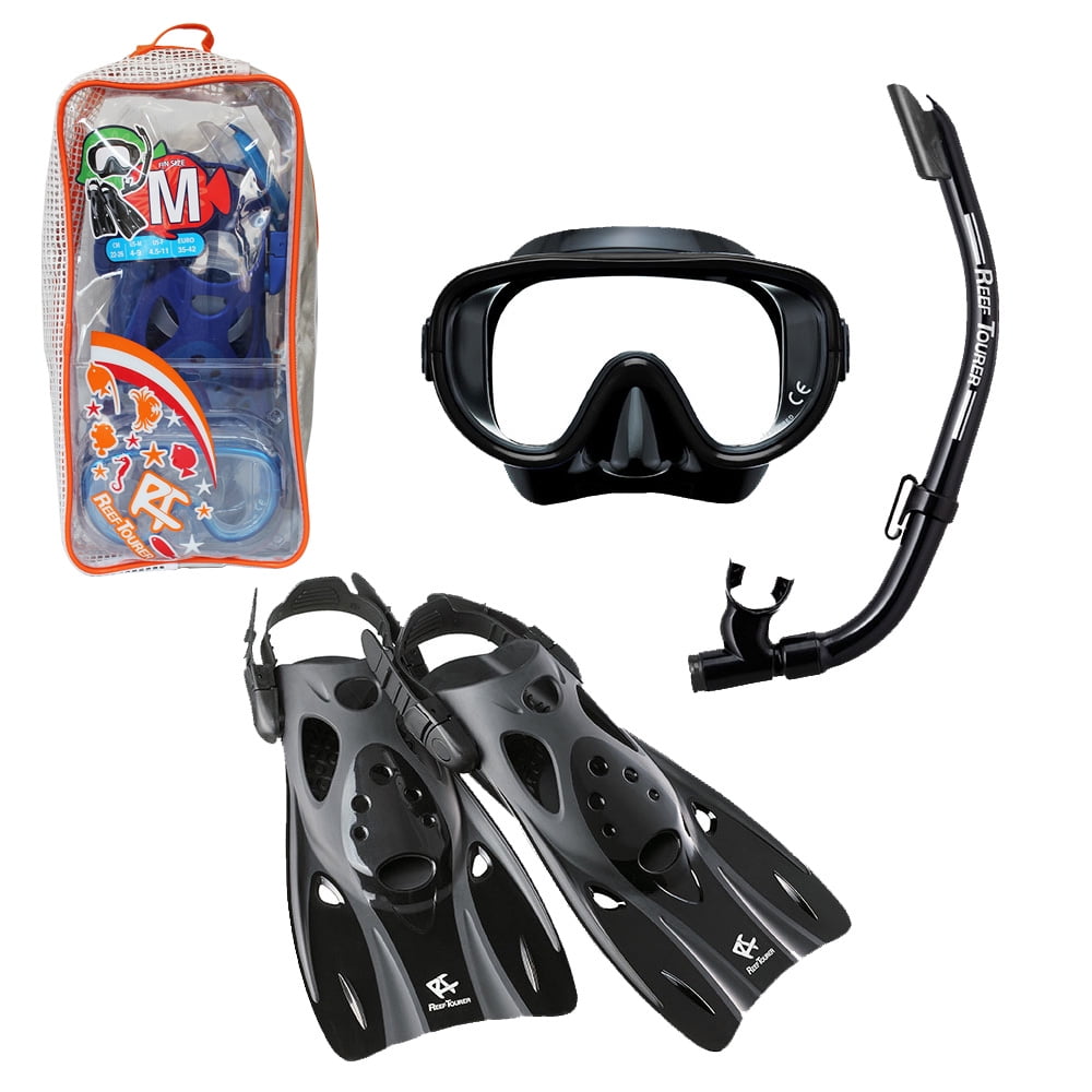 Reef Tourer Adult SingleWindow Mask, Snorkel and Fin Set with Travel