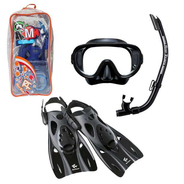 Reef Tourer Adult SingleWindow Mask, Snorkel and Fin Set with Travel