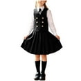 thumbnail image 2 of BRGZLK Four Pieces Set for Girls Solid Color Long Sleeve Shirt V Neck Vest Elastic High Waist Half Skirt with Bow Tie School Season Academy Style Set for Kids Black 5-6 Years, 2 of 5
