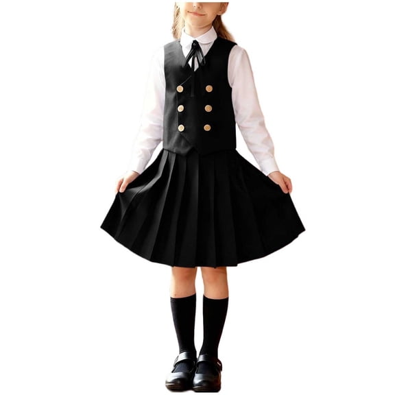 Cethrio Girls Outfit Sets Size 7-8, School Uniform 3 Piece Dancing Short Sleeve Tie Shirts and Dresses Sets Black Size 7-8