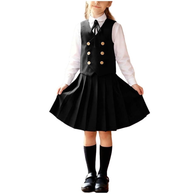 Odeerbi Niñas 4 Piezas Preppy Vestido Chaleco + Camisa de Vestido de Manga Larga + Falda Plisada + Corbata Set Uniforme Escolar