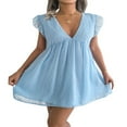 thumbnail image 1 of Femmes Casual Volant Manches V Cou Mini Robe d'Été en Vrac Flowy une Ligne Babydoll Robes Courtes Bleu Ciel L, 1 of 7