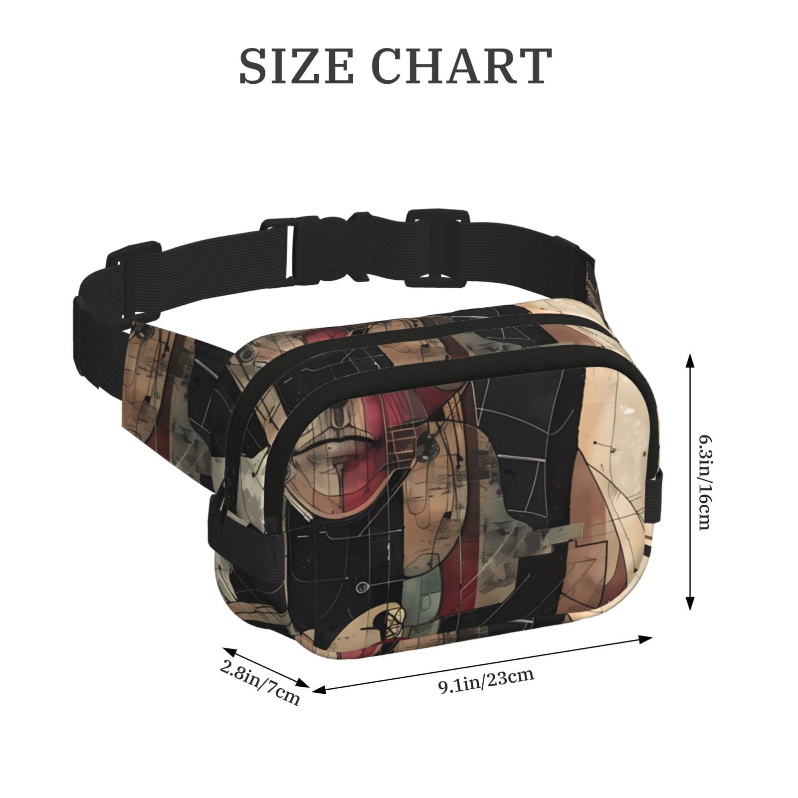 Picia Abstract Geometric Faces Print Square Double-Layer Waist Bag Mini Adjustable Waist Belt Bag Exercise Running Travel Hiking