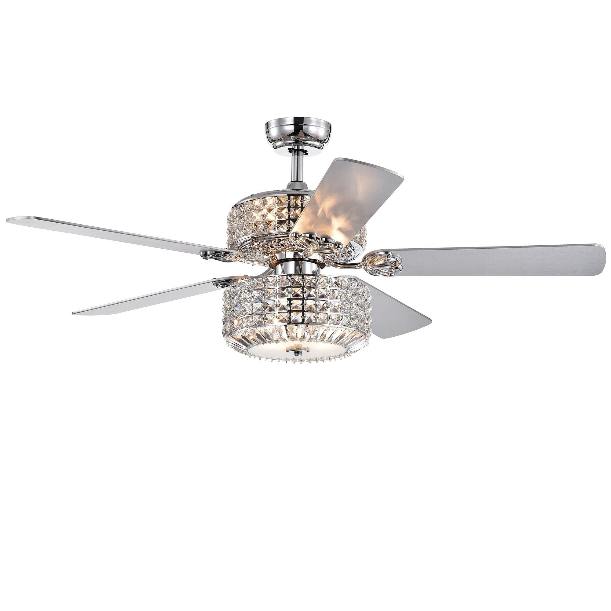 Walter Dual Lamp Chrome 52-inch Lighted Ceiling Fan w Crystal Shades optional Remote (incl 2 Color Blade Options)