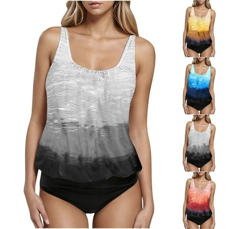 UPPADA Womens 2 Piece Bathing Suit Floral Spaghetti Straps Swimwear Tummy Control Full Coverage Tankini Set Loose Fit Casual Holiday Swim Set Women s Swimsuit Gray S
