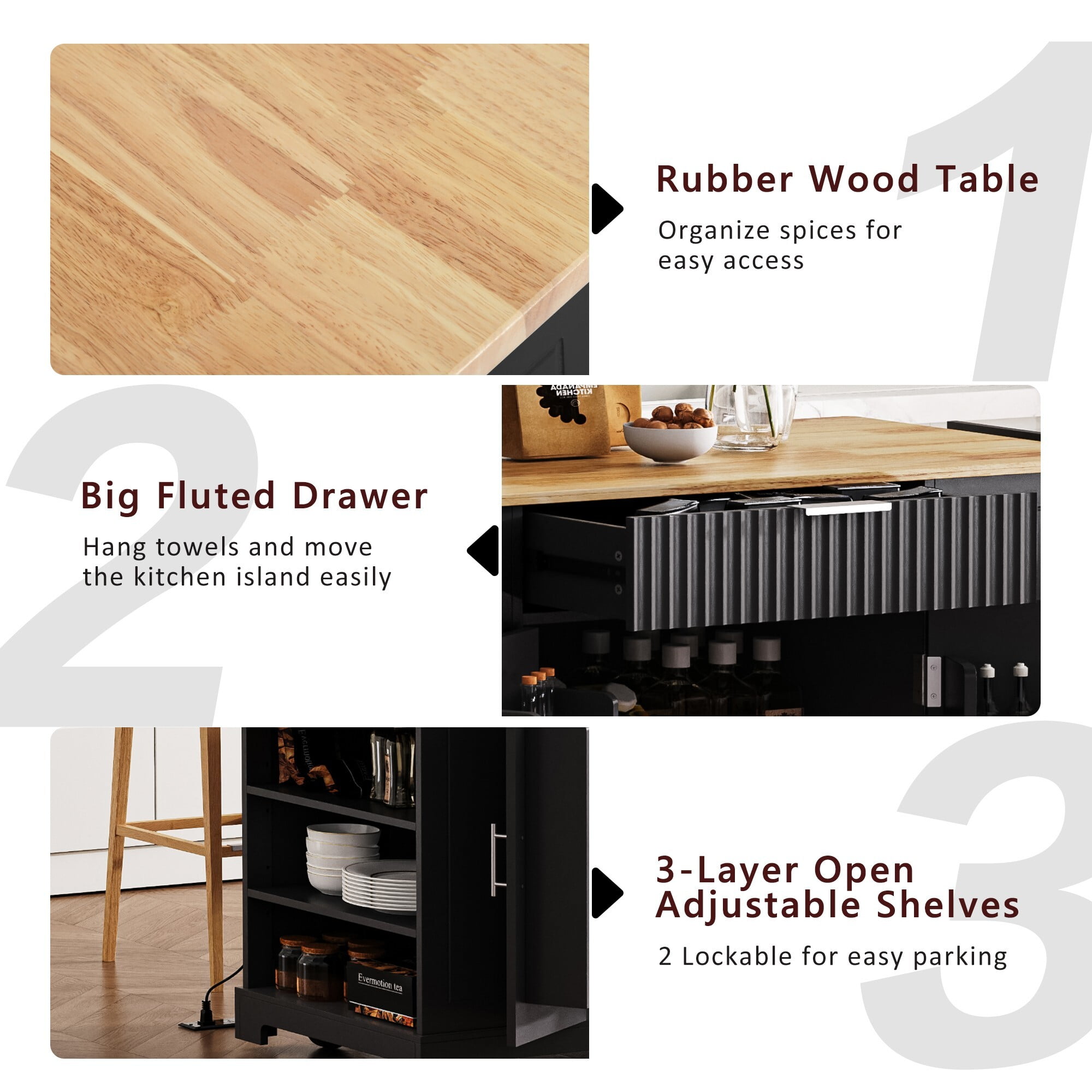 AENKYO 47" Kitchen Island with Power Outlet & Hidden Trash Can, Mobile Kitchen Cart with Drawers and Shelves, Black