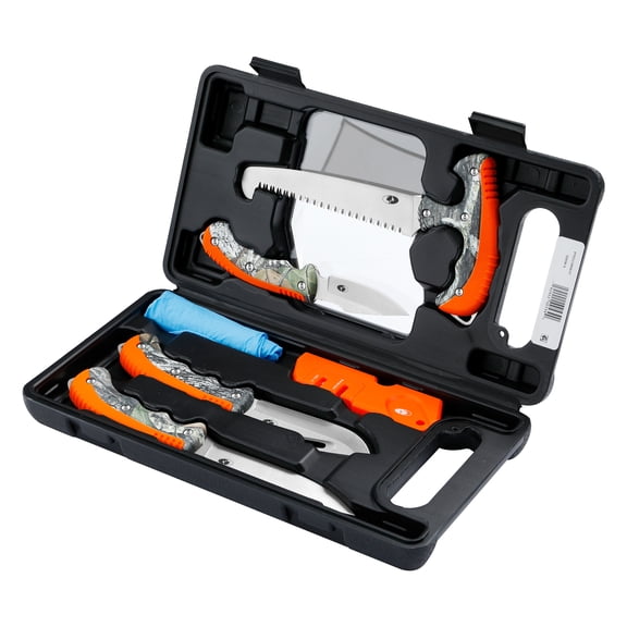 Mossy Oak 8 Piece Hunting Cleaning Kit, Storage Case,Sharpener, 9 inch Gut Hook Knife, Boning, Skinning, Saw,Cleaning Gloves