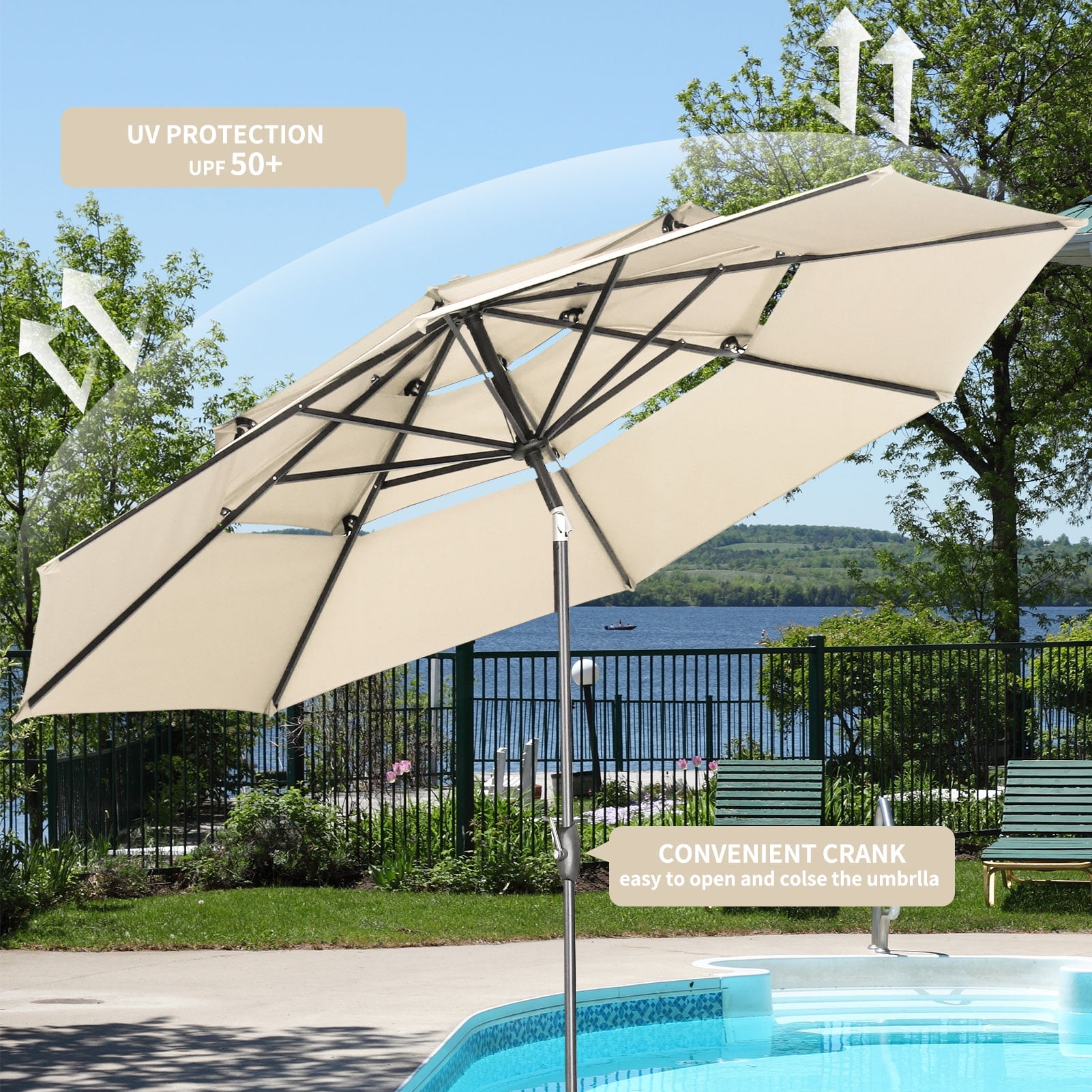 Ainfox 10ft Patio Umbrella 3 Tiers,Outdoor Table Market Umbrella w/Tilt Adjustment and Crank for Garden,Deck,Beach,Backyard,Pool,Khaki