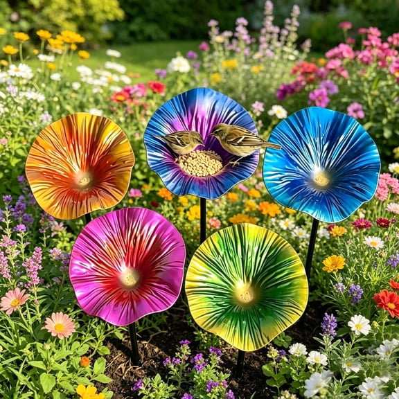 Metal Flower Bird Bath, Decorative Garden Bird Bath Feeder, Outdoor Wild Bird Feeder with 2-Prong Base for Garden Backyard Decor