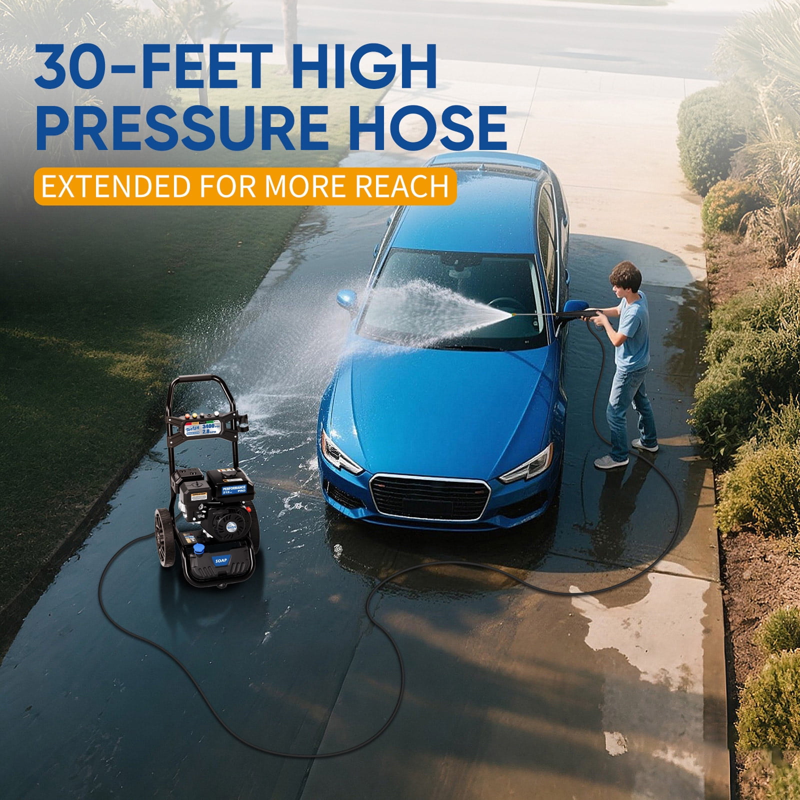 TOOLCY 3400 PSI 2.8 GPM Gas Pressure Washer, 212cc Engine with 30FT Hose, Soap Tank & 5 Nozzles for Car/Driveway/Patio