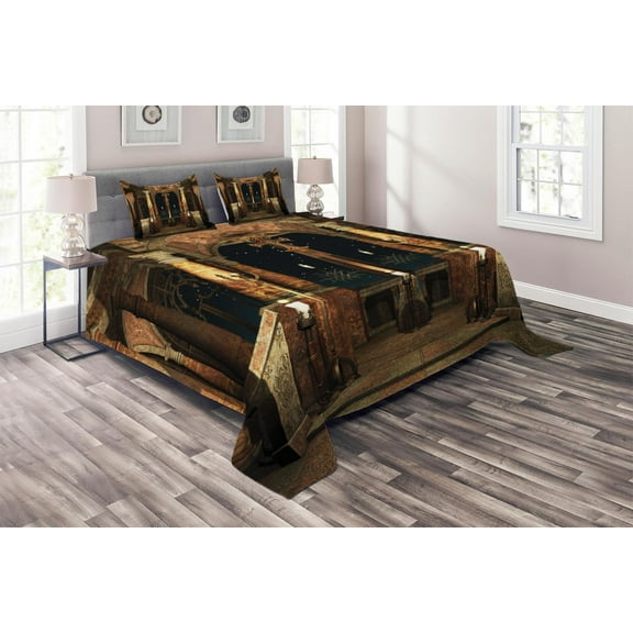 Ambesonne Gothic Quilted Coverlet 3 Pcs, Hall Pillars, Queen Size, Ivory Brown Black