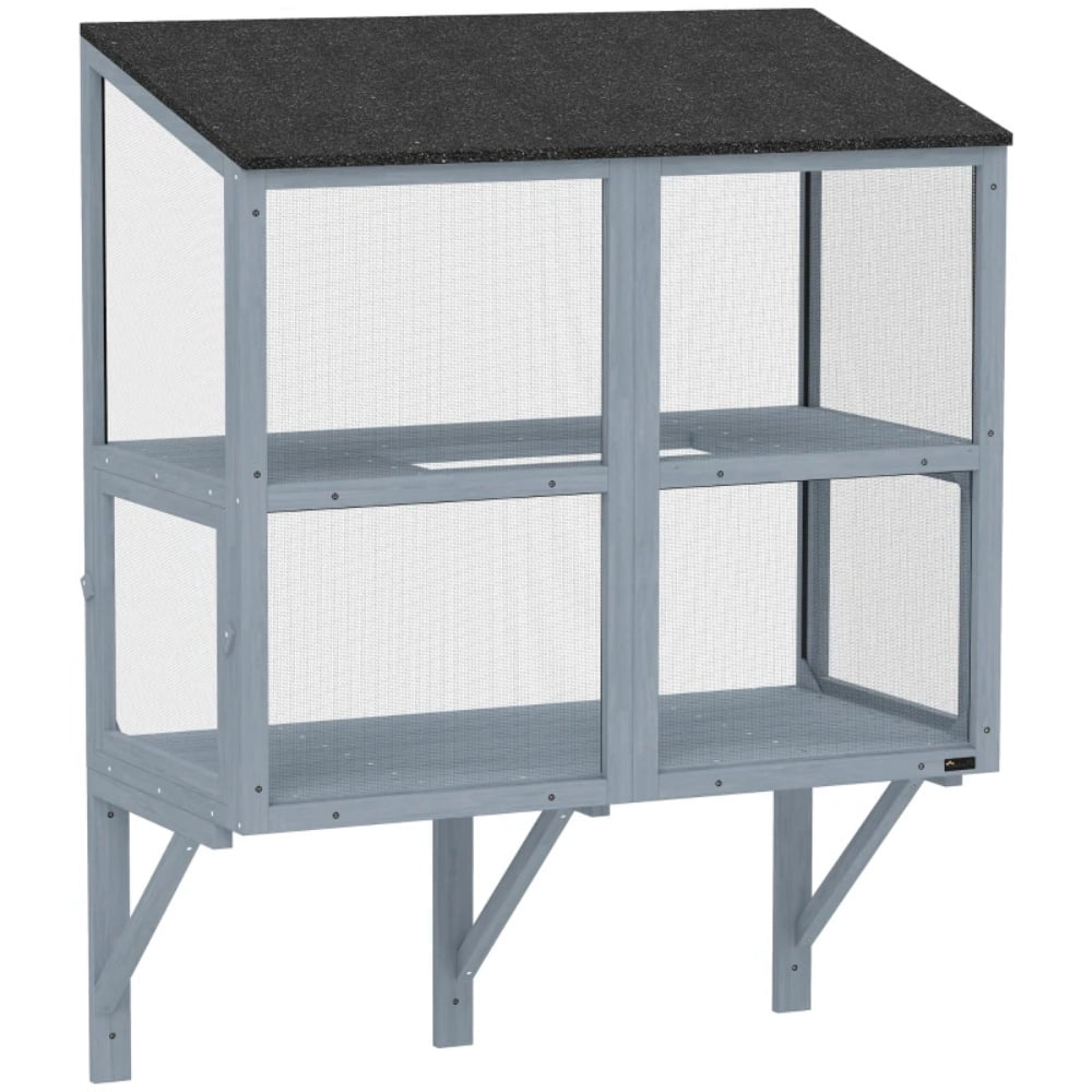 Wall-Mounted Catio Cat Enclosure 2-Tier Large Outdoor Cat House with Waterproof Roof & Secure Mesh Window Cat Perch for 1‑2 Cats Gray Wooden Cat Patio