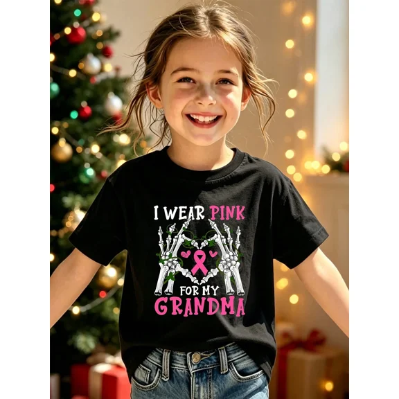 Childrens Wear I Wear Pink For My Grandma Skeleton Hands Graphic T Shirt For Kids Cute Funny Breast Cancer Awareness Holiday Gift Unisex Short Sleeve Cotton Tee
