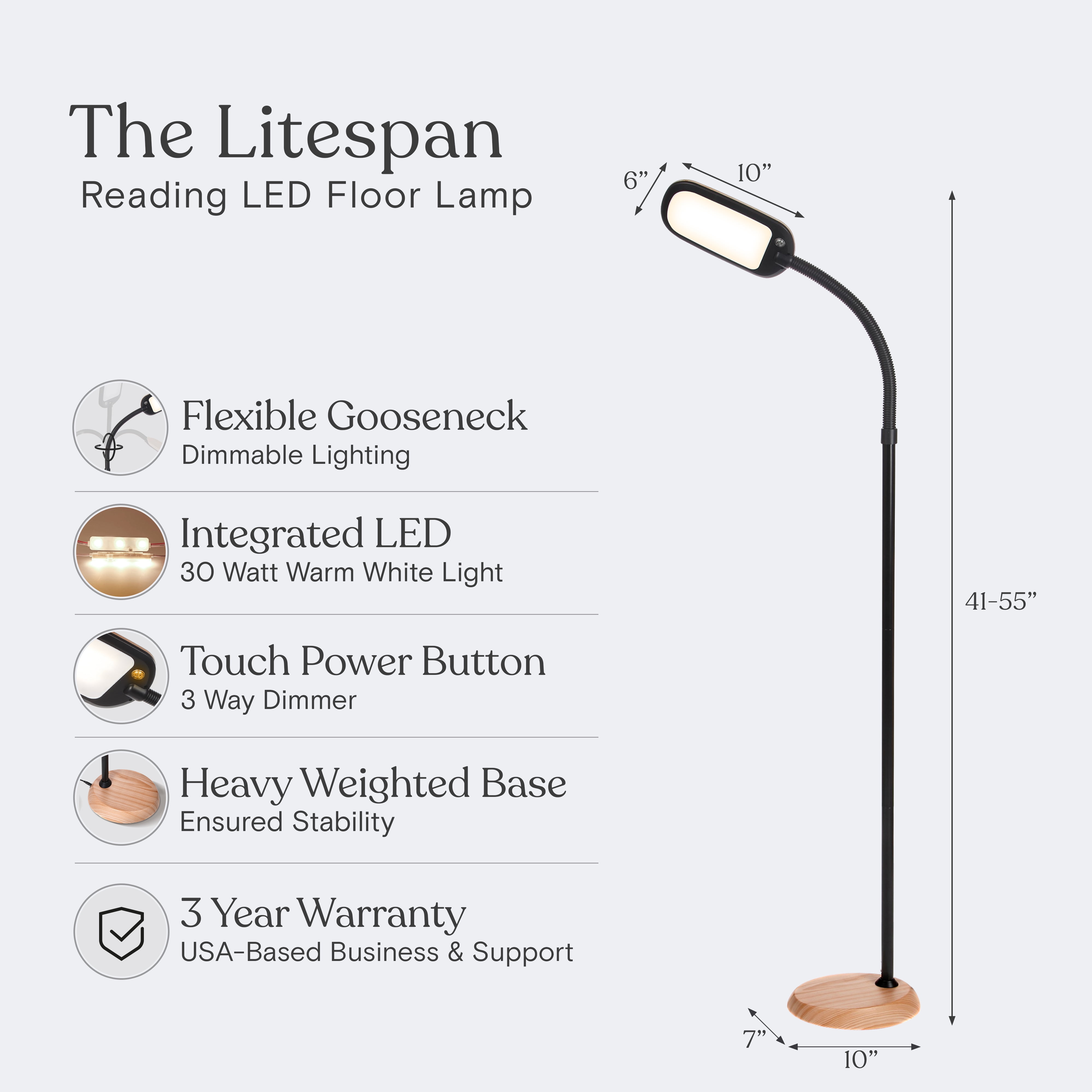 Brightech Litespan Slim LED Lamp, Modern Floor Reading Lamp Over Chair for Living Rooms & Offices, Tall Lamp with Adjustable Gooseneck, Crafts Work Light, Dimmable Standing Lamp for Bedroom - Wood