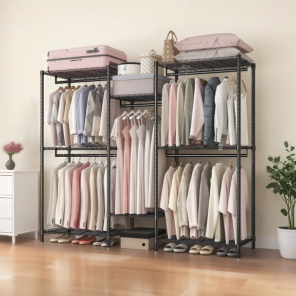 Heavy Duty Garment Rack, Freestanding Closet Organizer with 8 Adjustable Wire Shelves & 5 Clothes Rails, Portable Wardrobe Storage Rack, Black