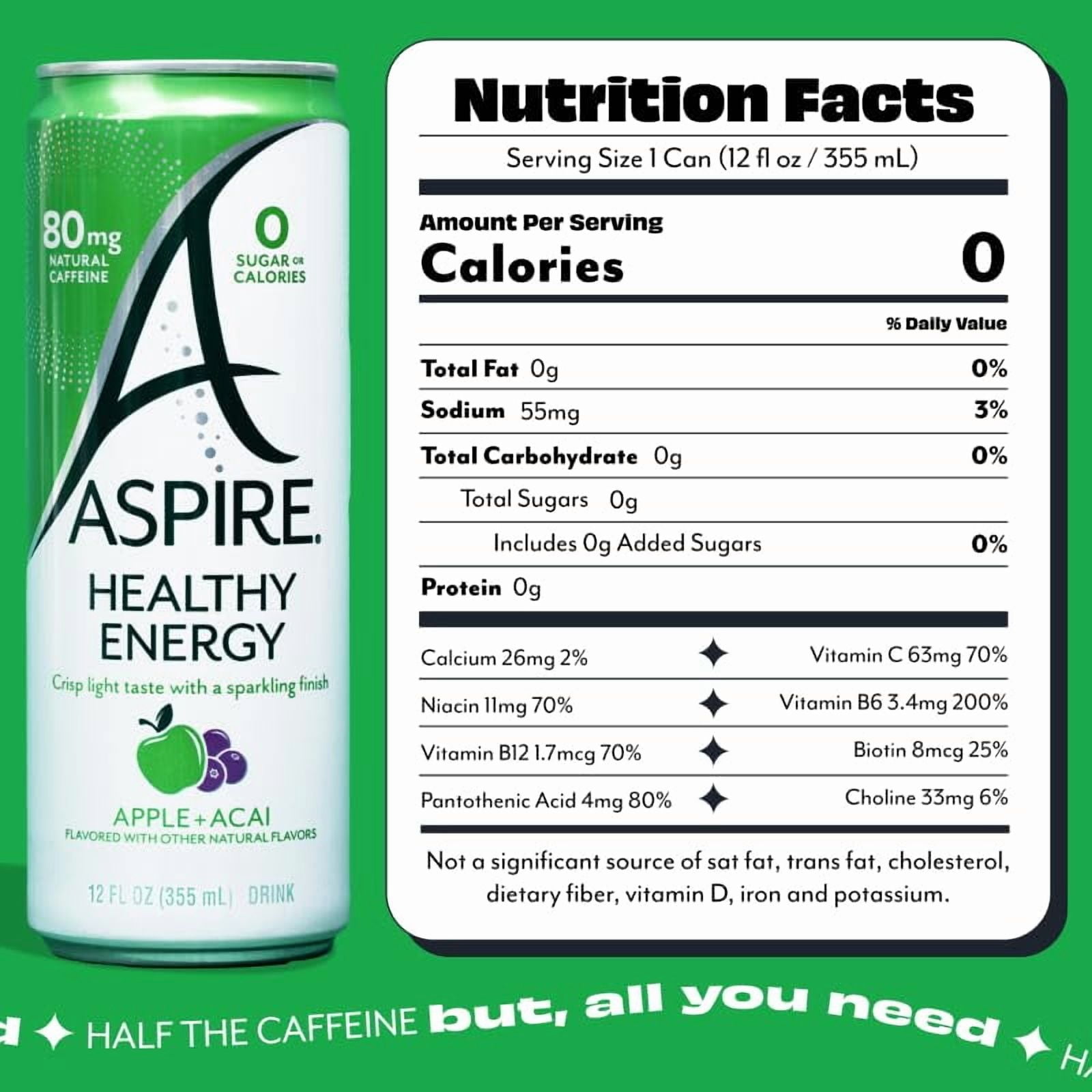 ASPIRE® Apple + Acai, Healthy Energy Drink 80mg Natural Caffeine, Zero Sugar No Carbs Keto Friendly, 12 Pack Green Tea Sugar Free Drink Low Caffeine Zero Calorie