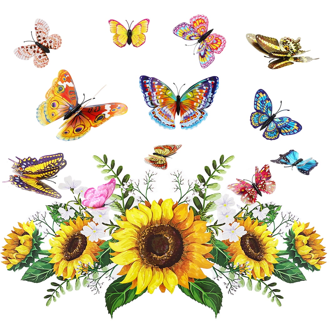 2 Sets Wall Stickers Sunflower Butterfly Luminous Wall Decals Art Murals for Home Living Room Bedroom Décor