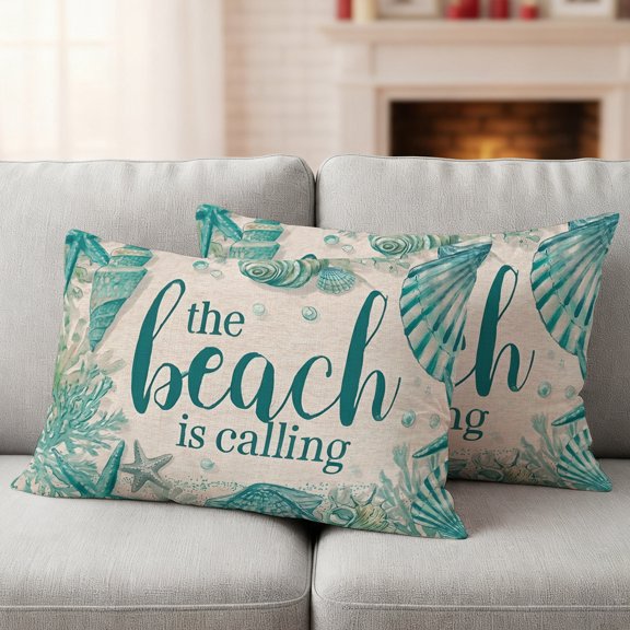Green Beach Coastal Outdoor Waterproof Throw Pillow Covers 20x12 Set of 2, Summer Starfish Shell Coral Decorative Pillowcases Cushion Pillowcase for Couch Sofa Patio Outside Pillow Protector