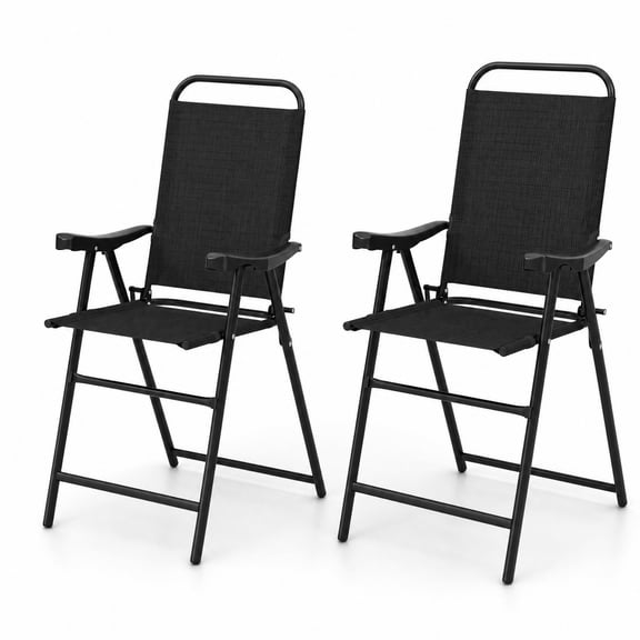 Gymax 2PCS Patio Bar Chair Folding Bar Height Metal Frame w/ Footrest Garden Coffee Black