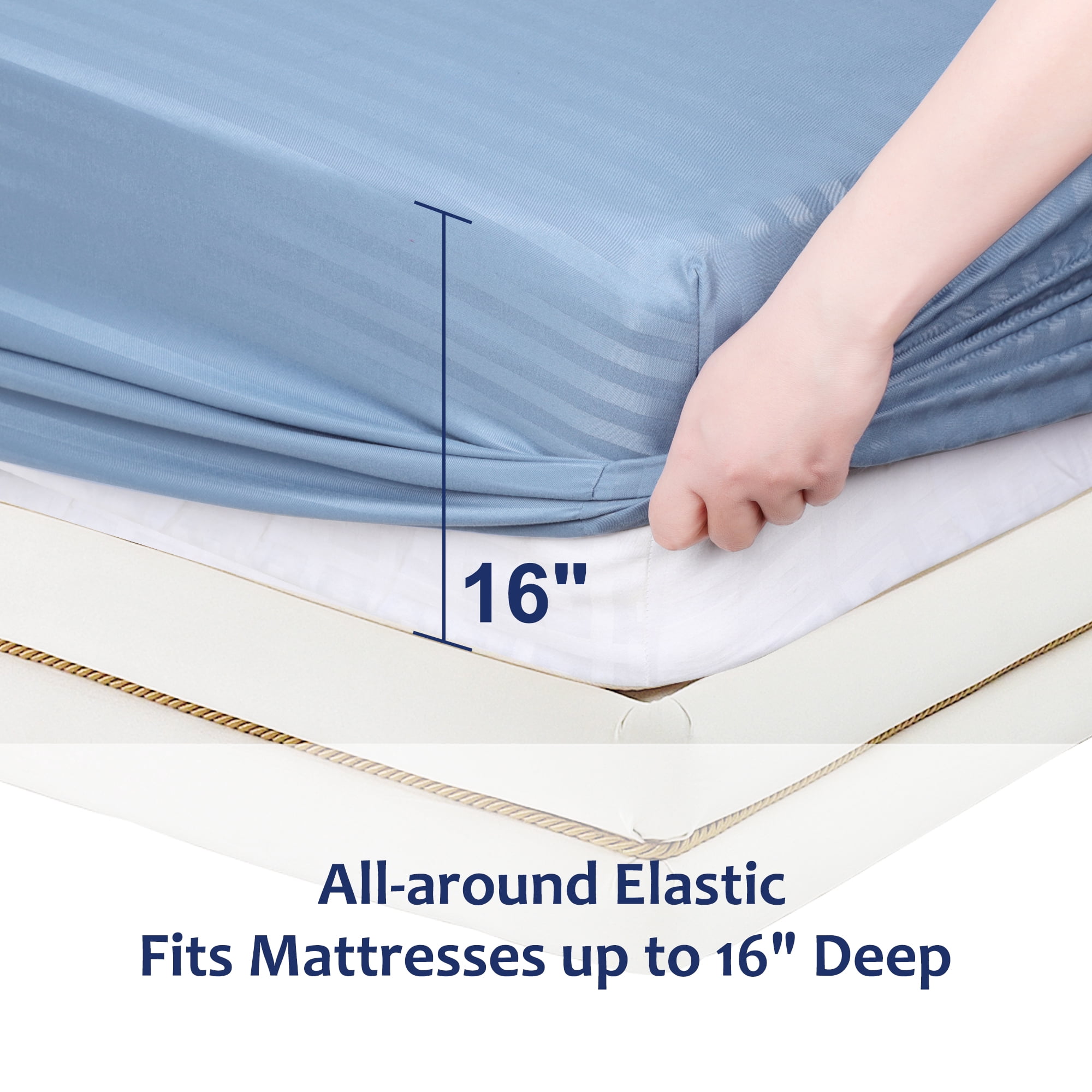 Unique Bargains Soft 100GSM Striped 16 Inch Deep Pocket Fitted Sheets Twin Steel Blue