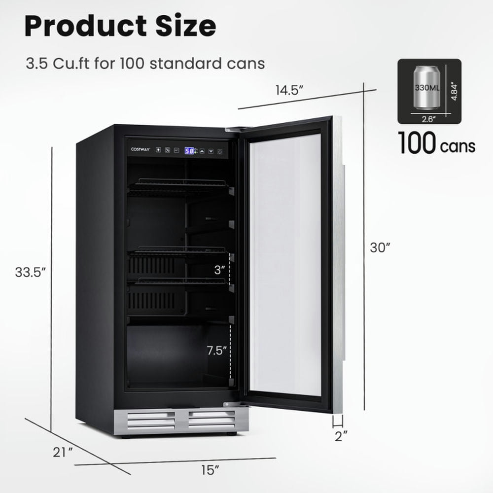 Topcobe 15 Inch 100 Can Built-in Freestanding Beverage Cooler Refrigerator with Adjustable Temperature and Shelf, Mini Fridge for Home Kitchen Offices Dorm-Silver