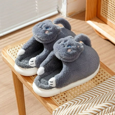 

CoCopeanut Cute Hug Cat Slipper for Women Kawaii Cuddle Animal Style Girls Home Slippers Winter Plush Warm Female Indoor Faux Fur Flip Flop
