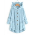 thumbnail image 2 of Virmaxy Womens Fashion Sherpa Hoodie Faux Shearling Fleece Cat Ear Hooded Jacket Long Sleeve Open Front Plush Outwear with Pocket Solid Button Side Split Plush Outcoat Light Blue 2XL, 2 of 4