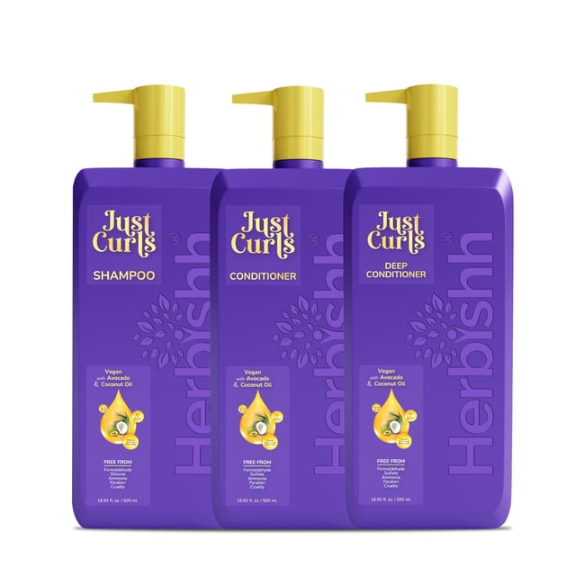 Herbishh Just Curls Vegan Shampoo and Conditioner + Deep Conditioner for Curly Hair Products Kit Enriched with Avocado & Coconut Oil for Dry Damaged, Wavy, Curly Hair Gift set for Women & MenÖ