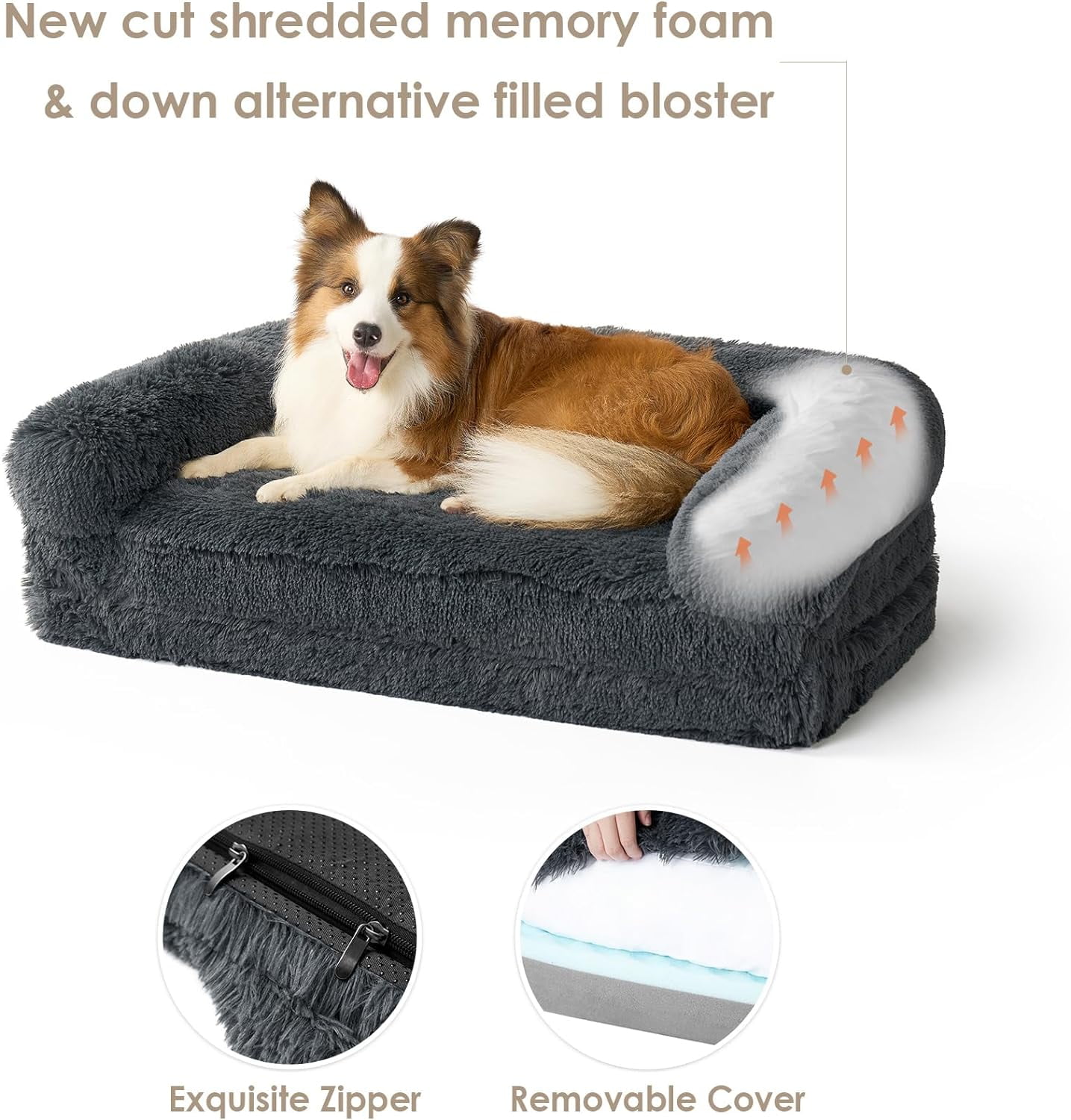 Foldable XXL Dog Bed for Large Sized Dog, 54"x38"x7.5" Faux Fur Fluffy Pet Couch Bed, Orthopedic Calming Memory Foam Big Pet Bed, Washable Pet Sofa Bed with Non-Slip Bottom, Dark Grey