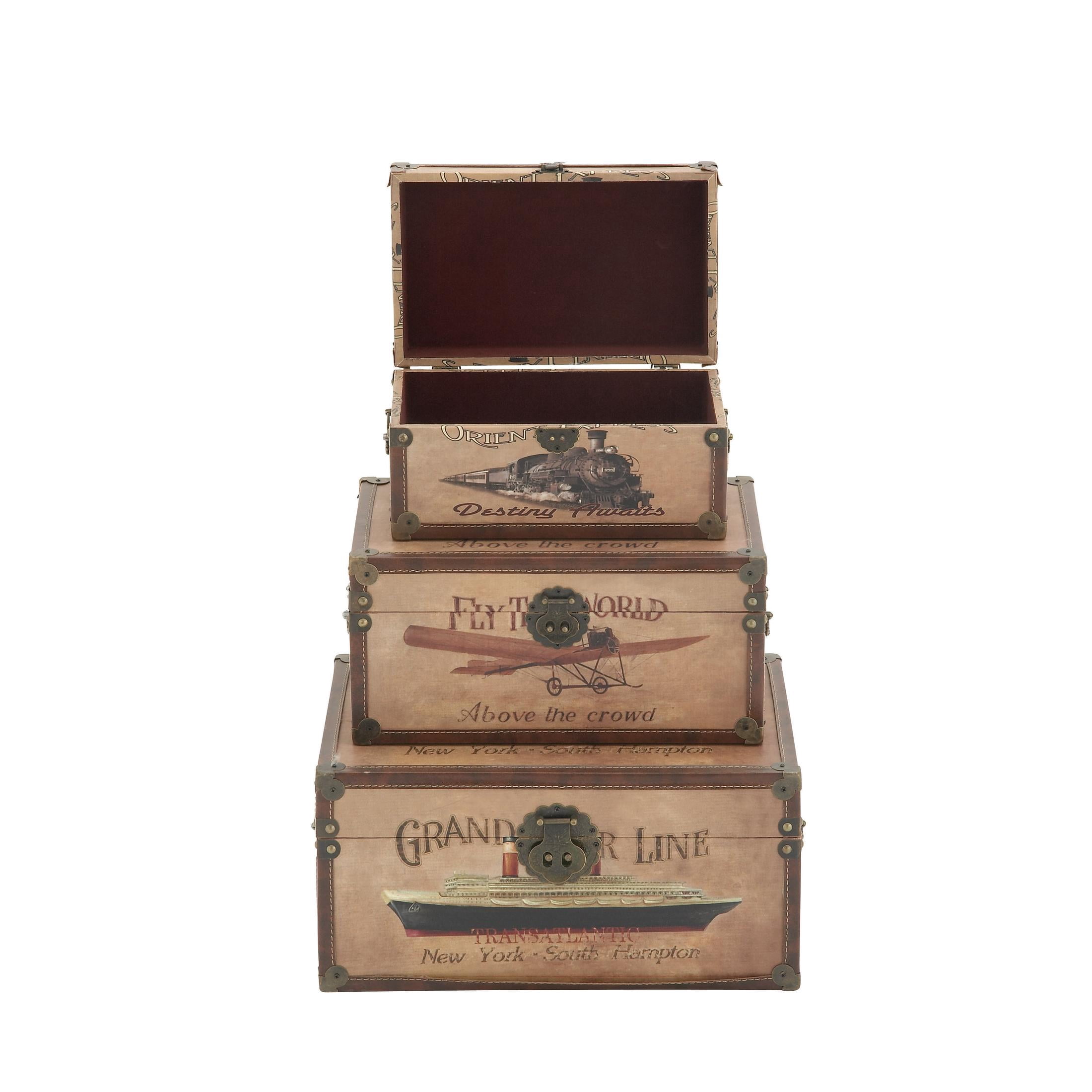 DecMode 12" x 5" Brown Faux Leather Vintage Train, Plane, Boat Transportation Trunk with Gold Hardware, 3-Pieces