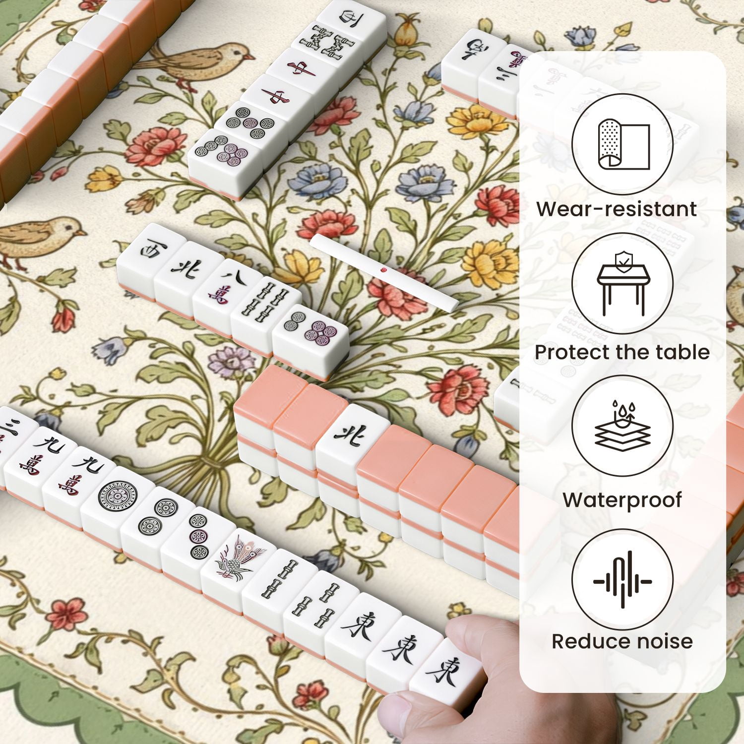 Mahjong Mat 31.5" x 31.5" Floral Vintage Birds Delicate Flowers Non-Slip Noise Reduction Mahjong Tiles Table Cover for Dominoes Poker Card Board and Tile Games