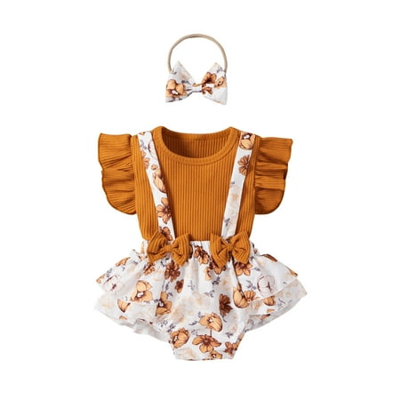 

HOANSELAY Baby Girl´s Flower Printing 3Pcs Set O-neck Flying Sleeve Tops + Suspender Shorts + Headband Set 0-18 Months