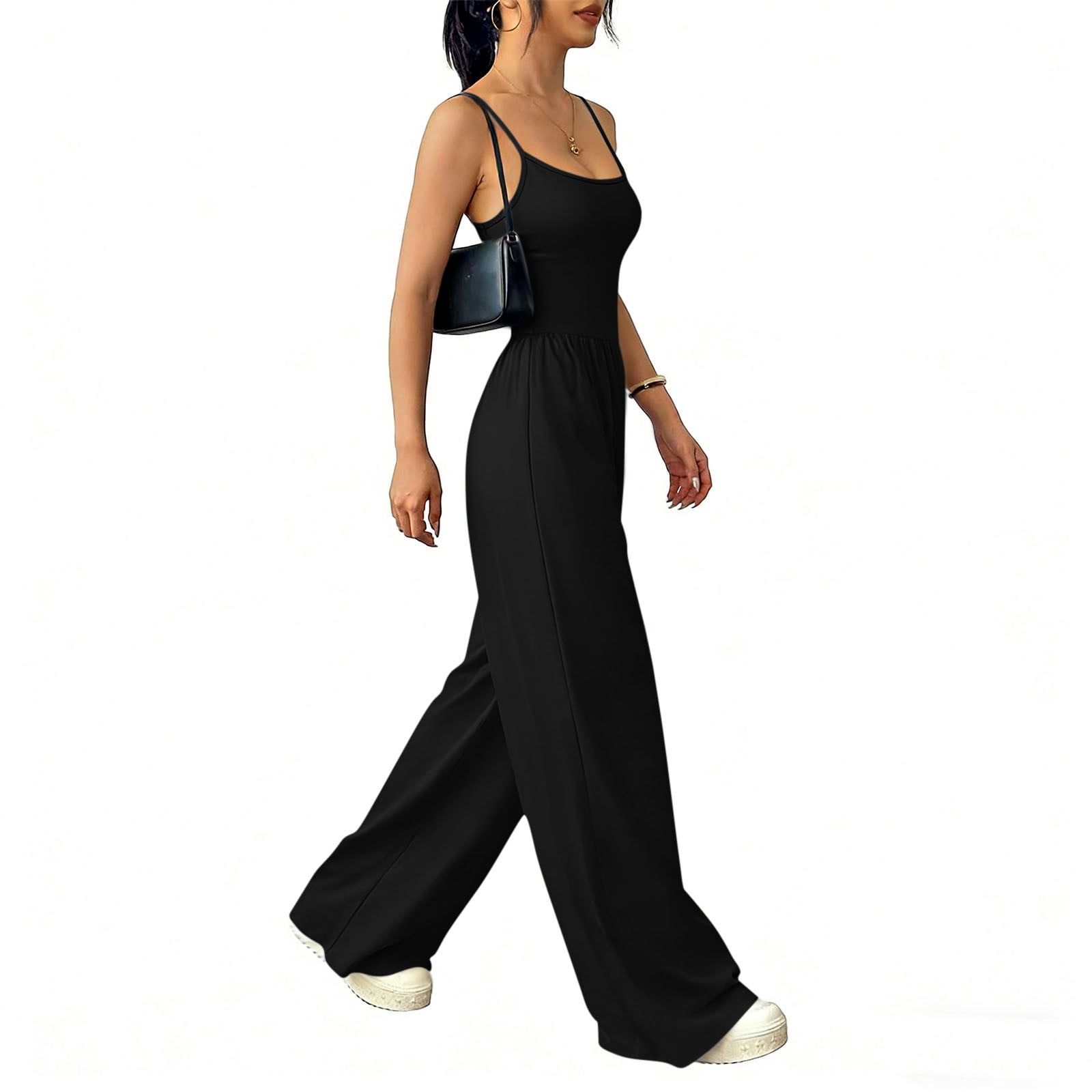 Dazajoo Women's Sleeveless Wide Leg Jumpsuits Spaghetti Strap Scoop Neck Rompers with Pockets Summer Casual Long Overalls,Black,S