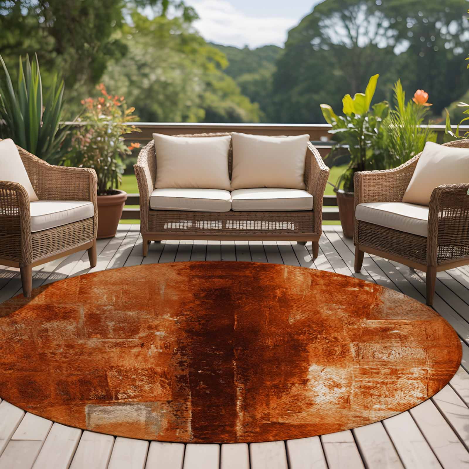 Burnt Orange 8ft Round Rug, Oil Painting Abstract Modern Vintage Non-Skid Rubber Backing Large Area Rugs - Living Room Bedroom Home Office, Indoor Floor Mat Carpets Washable Rug