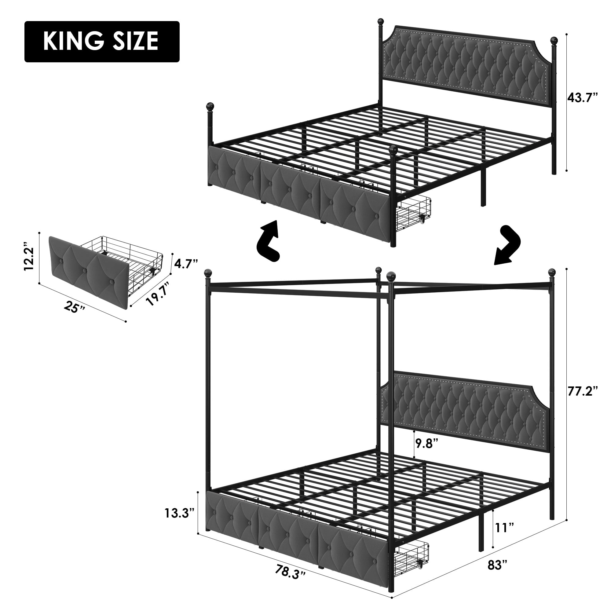 Homfa King Canopy Bed Frame for Bedroom with Drawer, Modern Platform Bed with Button Tufted Upholstered Headboard, Canopy Bed Curtain Not Included, Dark Gray