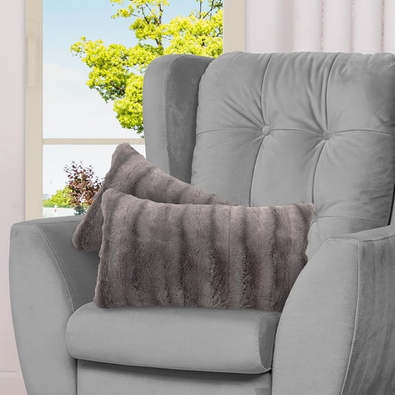 MISSUNNY 2-Pack 12"x20" Grey Faux Fur Throw Pillows for Couch & Bed, Soft Decorative Accent Pillows with Inserts