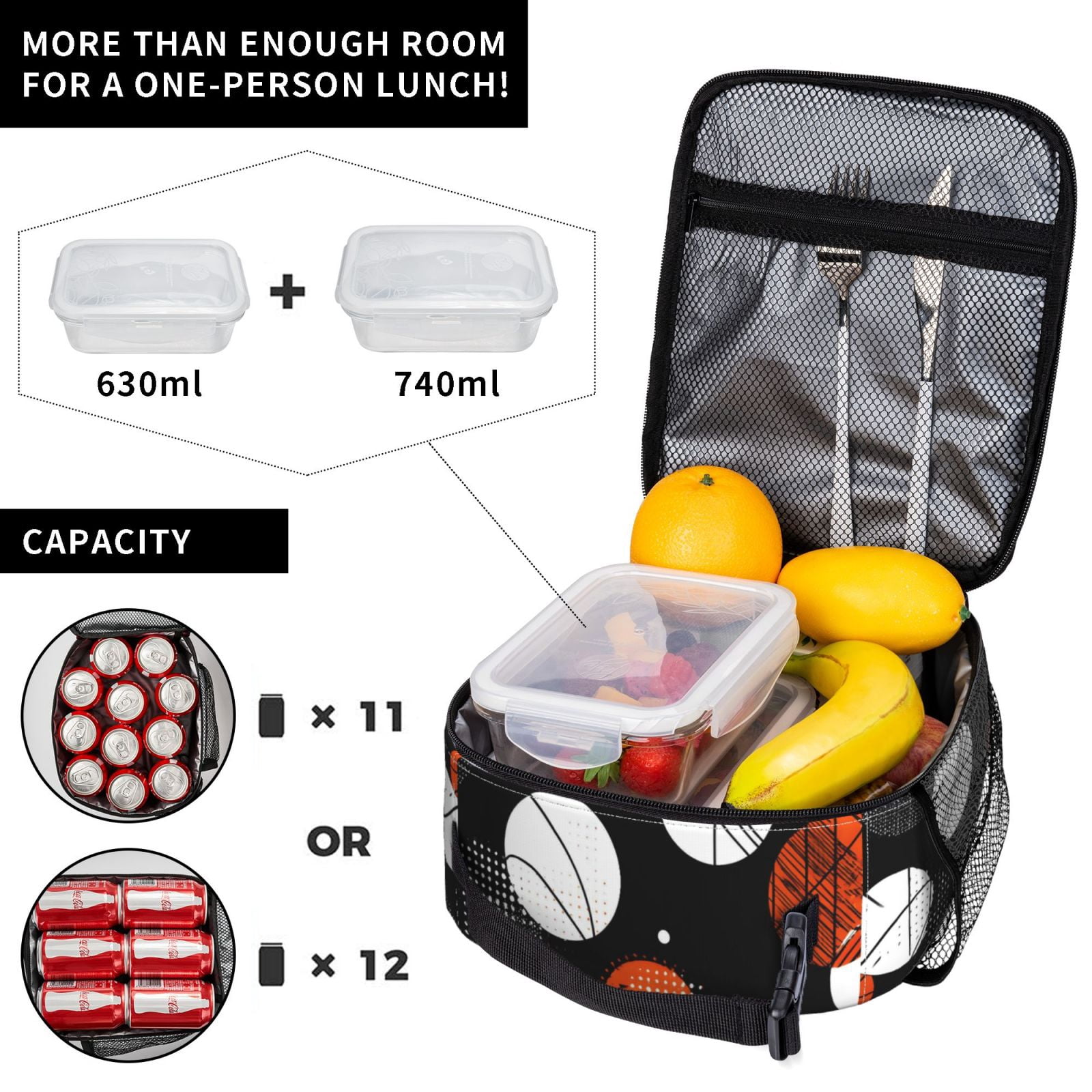 Lunch Bag For Women Men Insulated Portable Lunch Box Bento Box Office Picnic Travel Cooler Bag Black And Orange Basketball Theme
