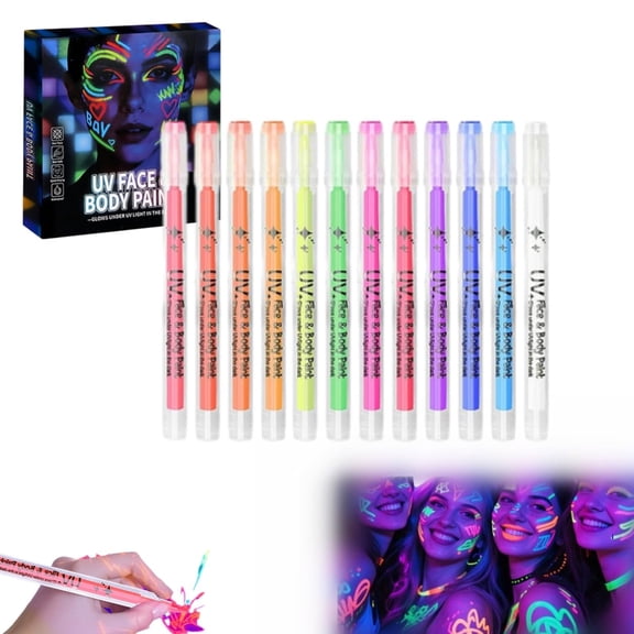 UV Neon Face Paint Markers 12 Colors, Glow in the Dark Face and Body Paint Markers, Washable Temporary Tattoo Marker For Parties & Holidays Cosmetic Makeup