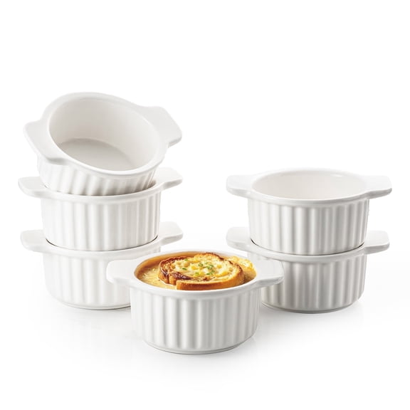 French Onion Soup Bowls with Handles, 12 Oz Ramekins with Handle, Soup Crocks Oven Safe for Beef Stew, Chili, Cereal, Dessert, Set of 6