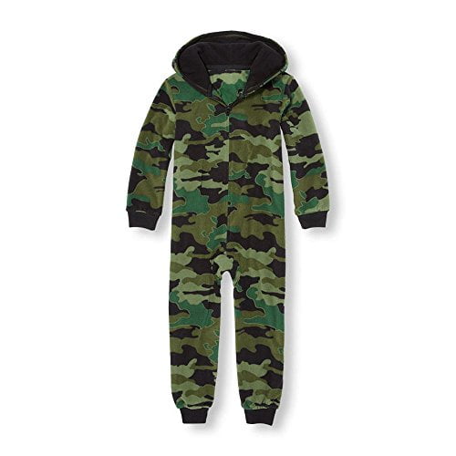 Boy's Green, Black Glacier Fleece Hooded Camouflage Pajama Sleeper (Small 5/6)