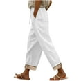 thumbnail image 2 of Roncen Women's Solid Cotton-Linen Lace Trim Pants - Elastic Drawstring Waist Casual Trousers with Pockets, 2 of 7